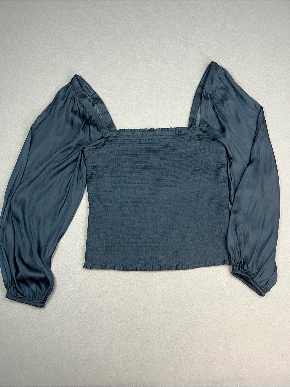 J. Crew Square Neck Smocked Featherweight Satin Cropped Top Blouse Deep Midnight